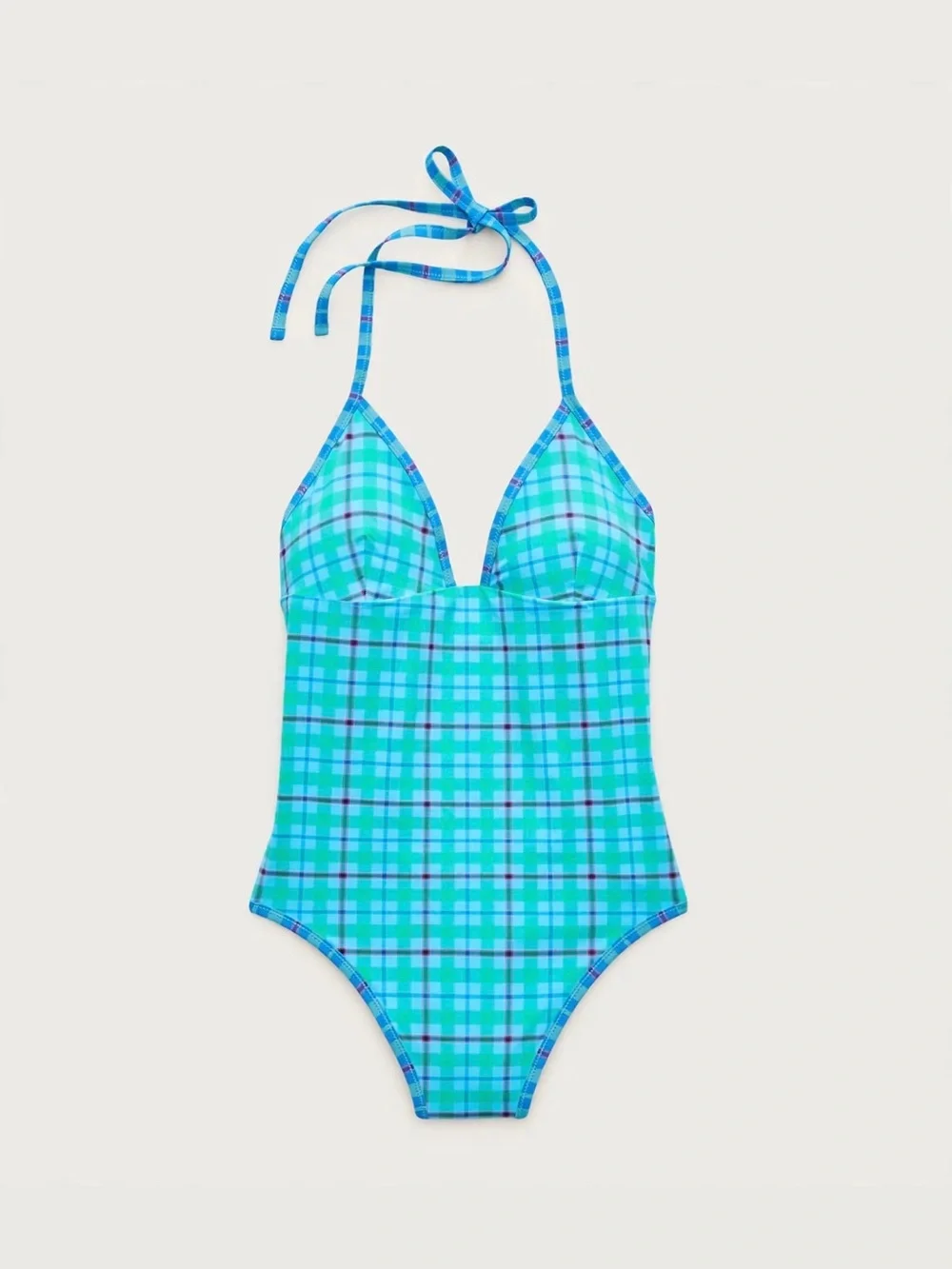 J Crew V-neck one-piece in reversible plaid print Purple Blue